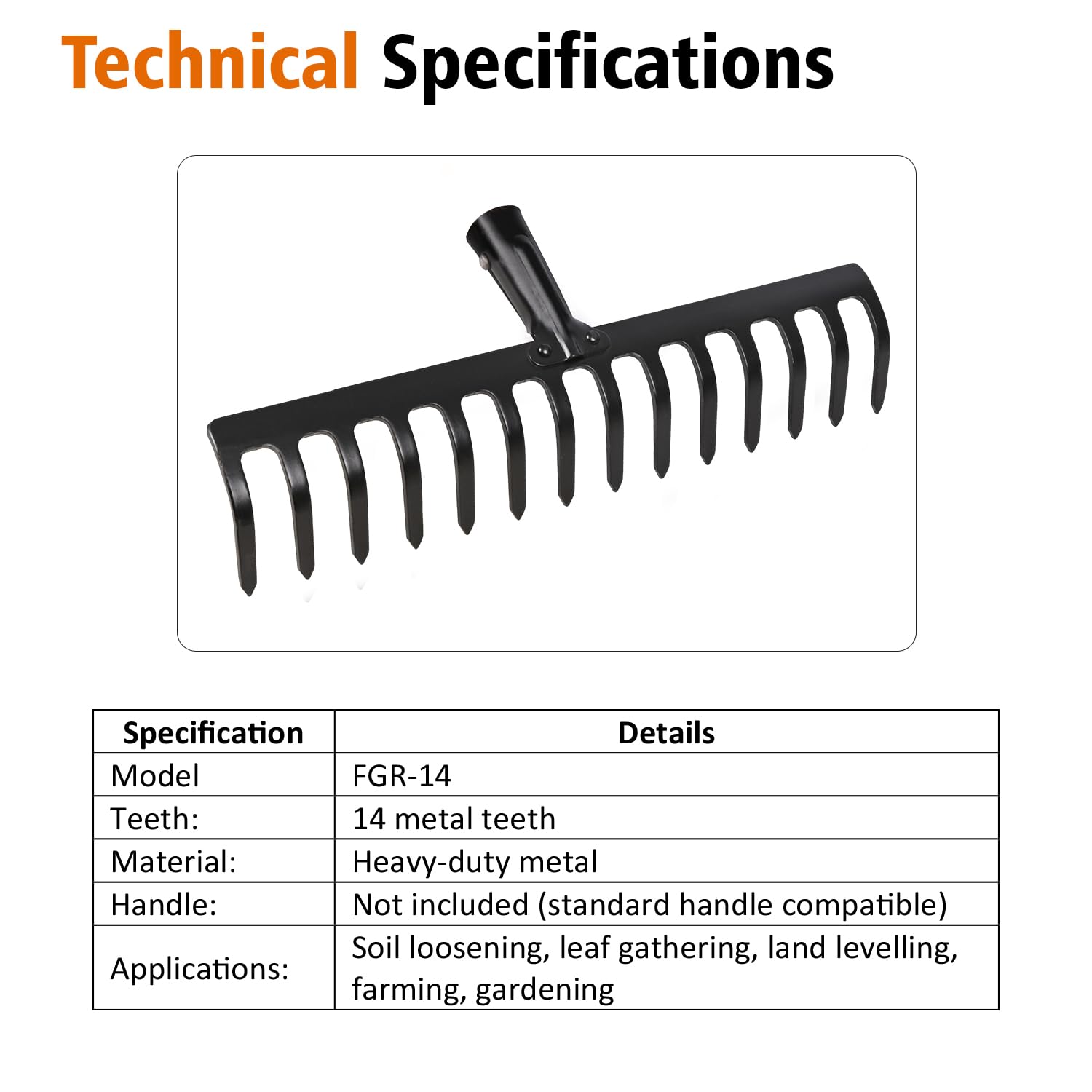 FALCON FGR-14 Garden Rake 14-Teeth Metal Head for Loosening Soil Gathering Leaf Leveling Land Agriculture Farming Gardening Tool (Pack of 1, Without Handle) 1