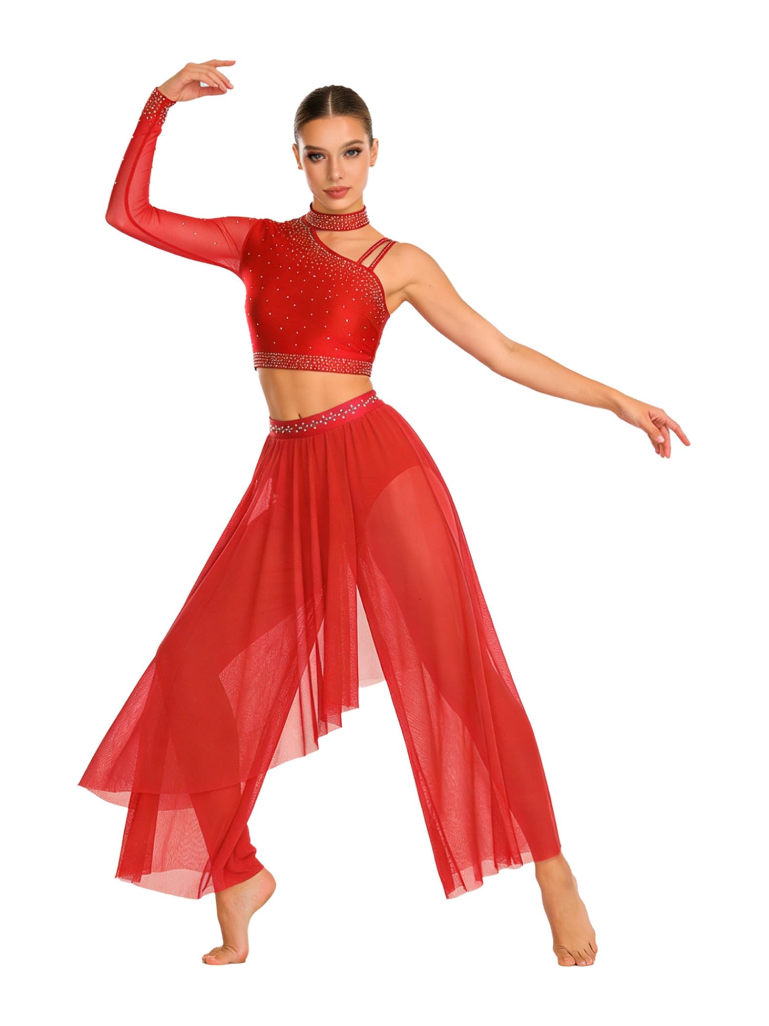 Traje Lírico Dos Piezas Mujer Atuendo Baile Ballet Top Recortado Con Encaje Hombro Asimétrico Y Pantalón Rojo M