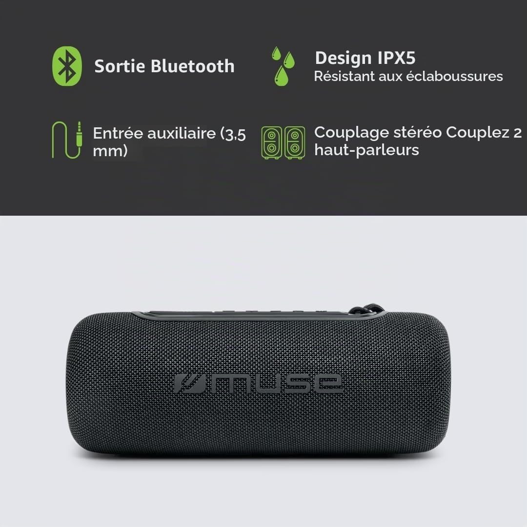 Muse M-70BTB. Haut-Parleur Bluetooth avec lumières de Couleur, Prend en Charge Les sapilchures d'eau. Puissance de Sortie 20 W