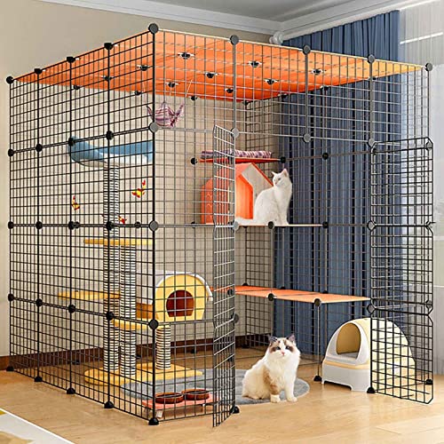 キャットケージ 屋内 大型 ハンモック付き、折りたたみ式金属製ペット犬用エクササイズフェンスペン、組み立てが簡単(ブラック、144x144x144cm)