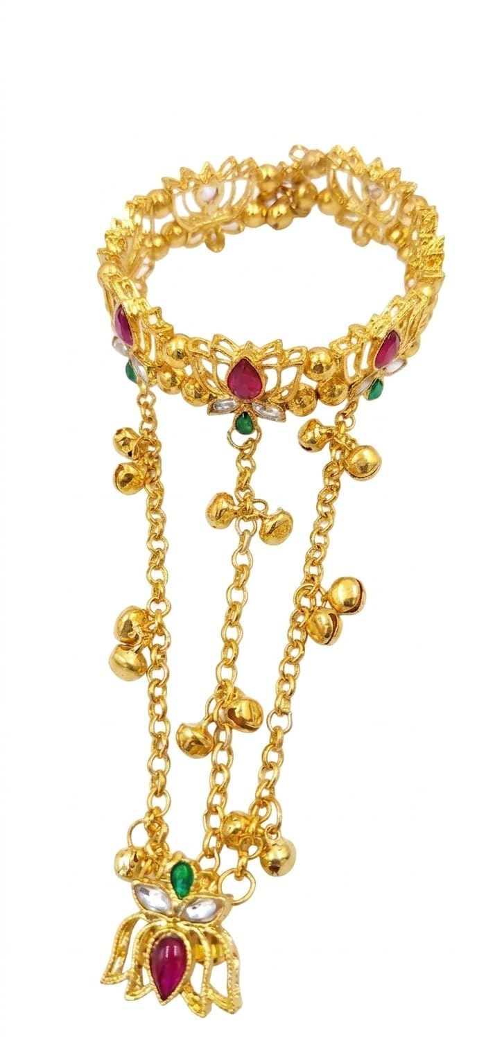 Gold Plated Traditional Hathphool for Women | Lotus Floral Design Adjustable Finger Ring Bracelet | Ethnic Bridal Hand Harness Jewellery with Multie Colour Stone & Ghungroo | for Girls & Women-image-31