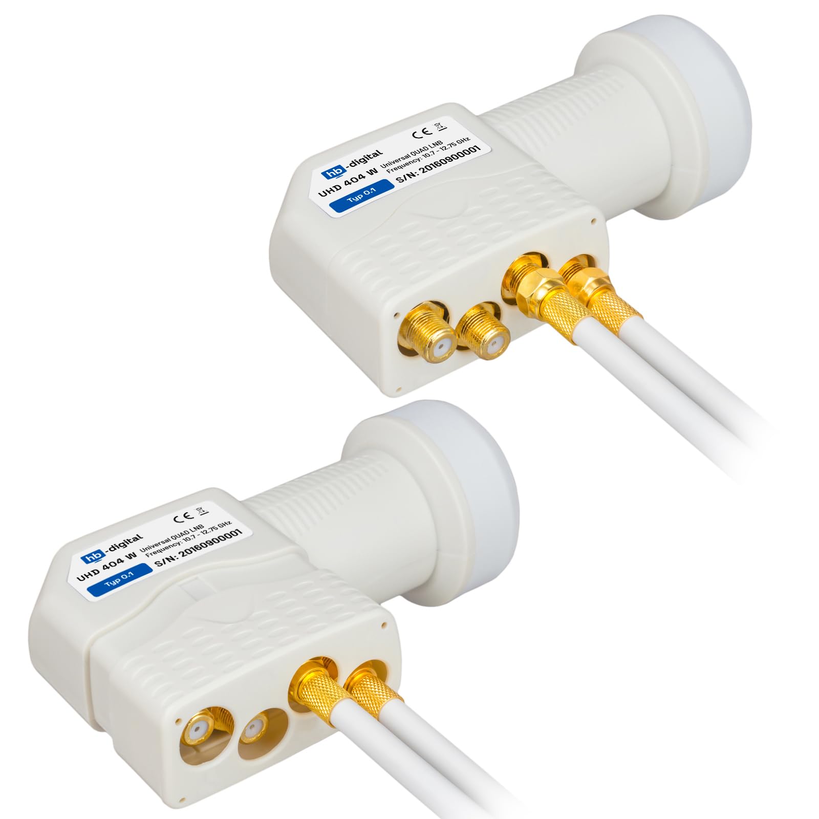 HB-DIGITAL Quad LNB 4 Veces DVB-S DVB-S2 Full HD TV 3D TV 4K UHD Sat 4 Participantes con Protección Climática + 8X F-Conectors Dorados