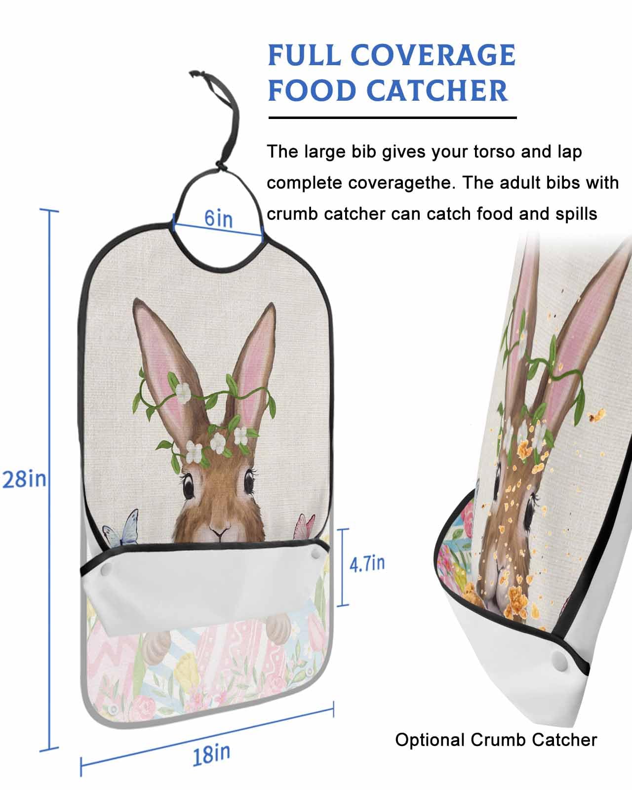 LEOKOTI Spring Floral Easter Adult Bibs for Eating, Waterproof Bibs with Food Catcher & Adjustable Snap Closure, Bunny Colorful Eggs Tulip Rustic Washable Clothing Protectors Adult Bibs for Elderly