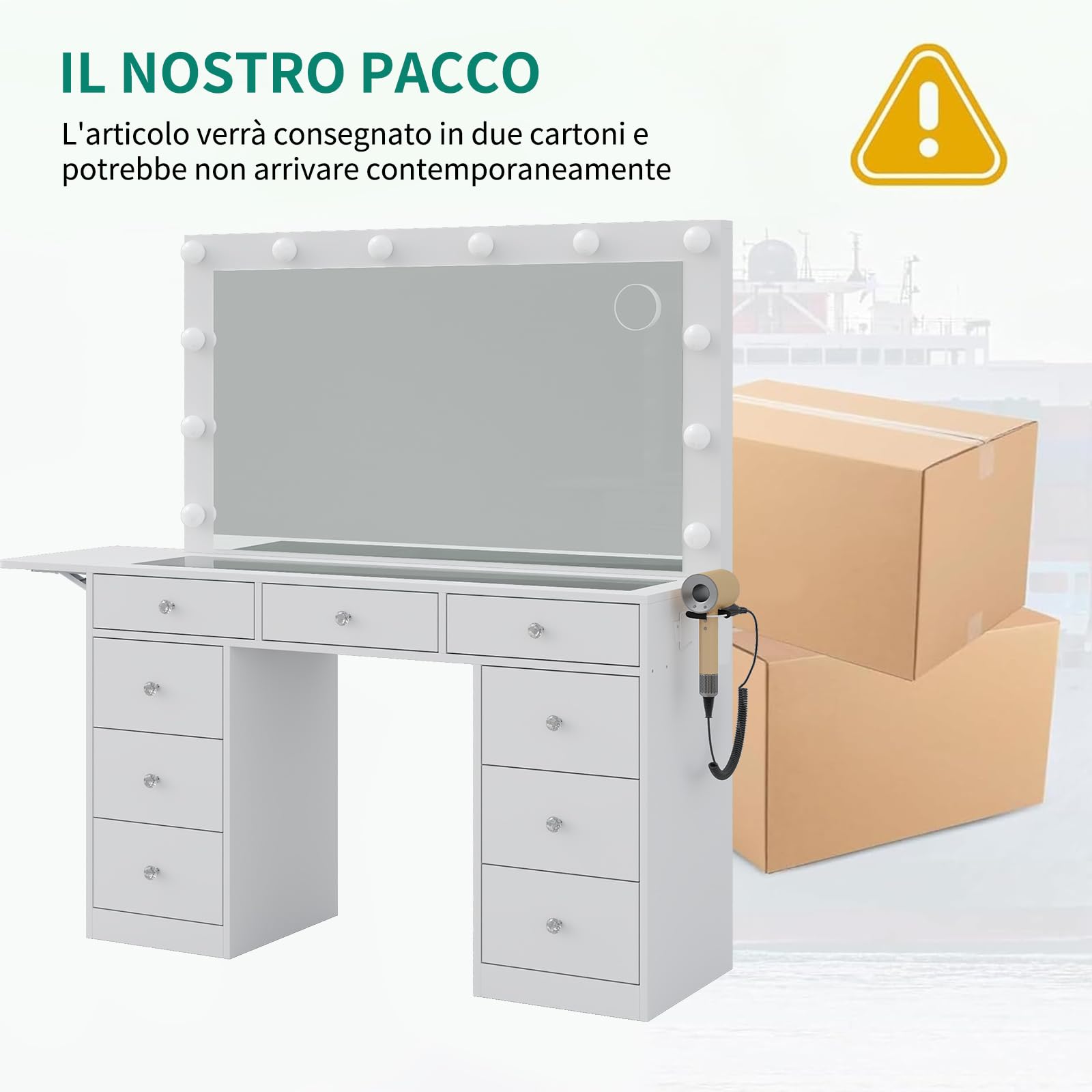 Yanosaku Tavolo Toeletta con Specchio e 12 Luci LED, Vanity con 9 Cassetti e Pannello Ribaltabile, Porte USB, Prese, Sedia Inclusa, 3 Modalità di Illuminazione Regolabile, Bianco