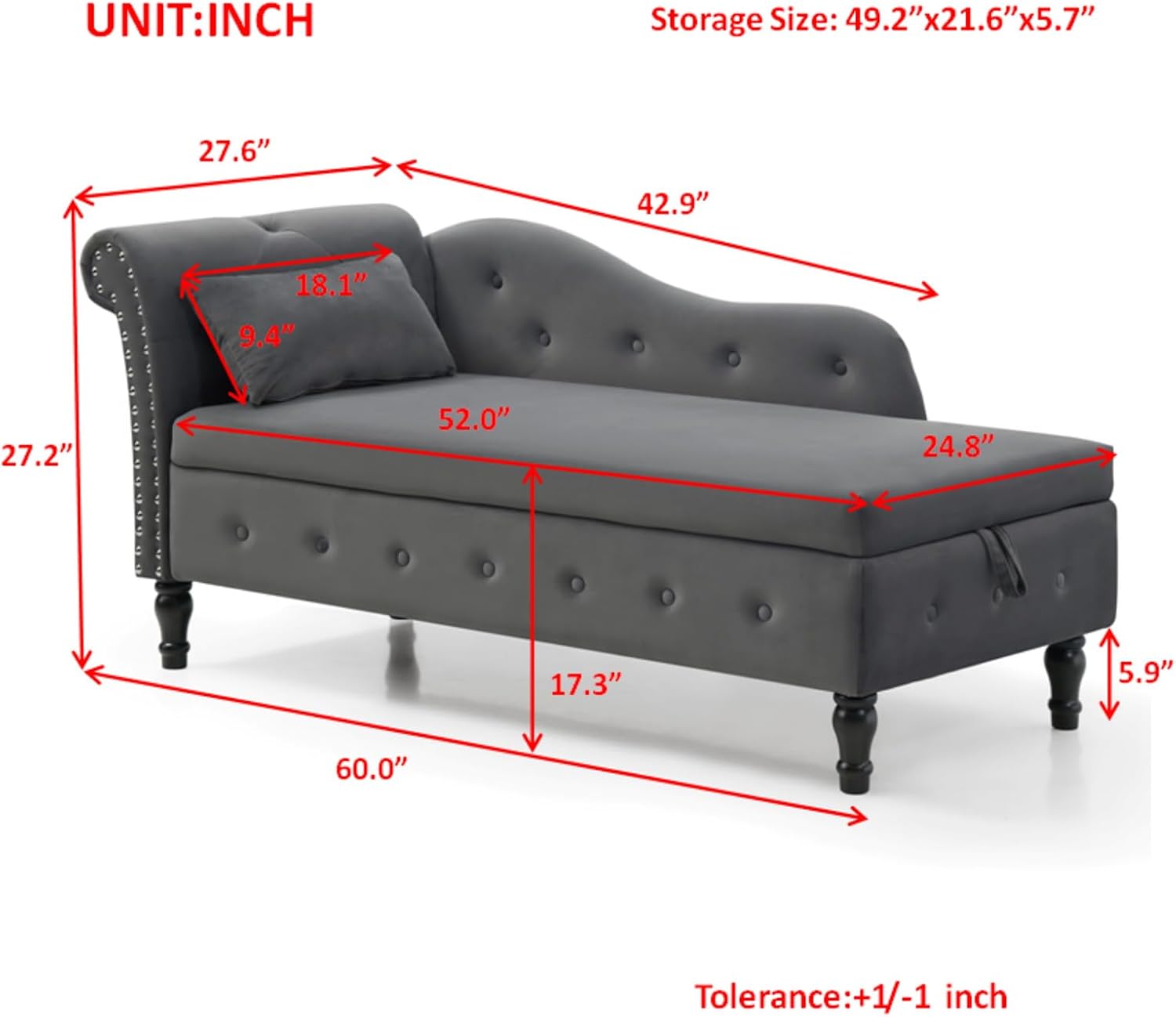 Anwick Chaise Lounge Indoor Tufted Fabric, Modern Upholstered Recliner Lounge Chair for Living Room Bedroom, Sleeper Lounge Sofa (Grey+Storage)