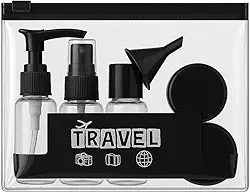 Kit para viagem com Frascos e potes, ORGANIZADOR de malas e bagagem, tubos Recarregáveis, com necessaire shampoo, condionador, creme, perfum, cosmeticos, Kit PREMIUM (Preto)