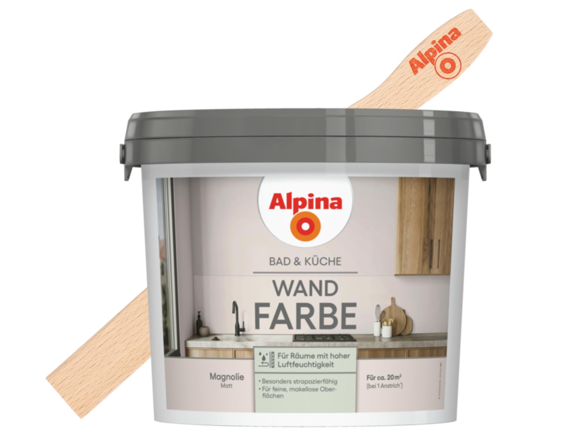 Alpina Bad & Küche Wandfarbe Magnolie matt – inkl. Rührholz – 2,5 Liter