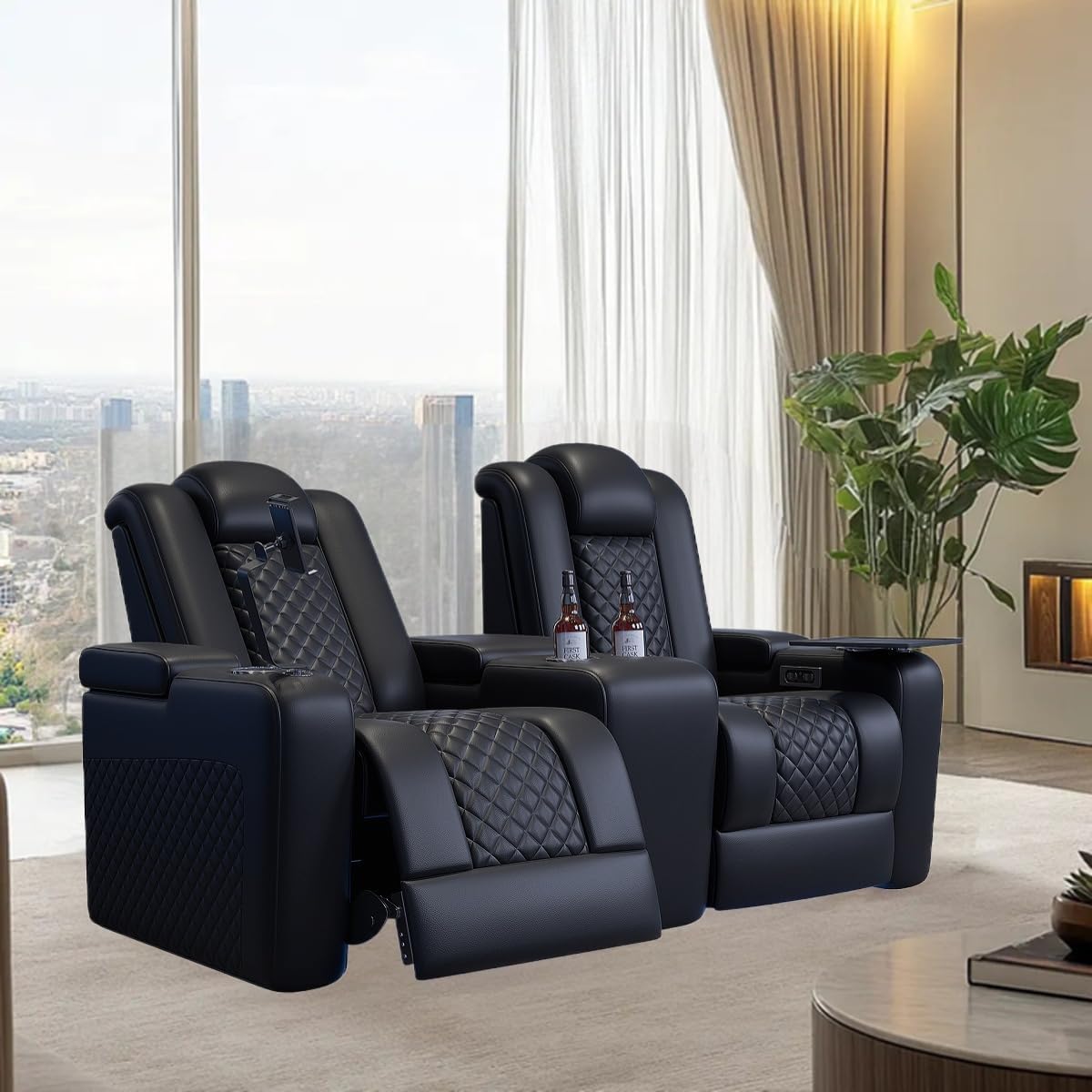 ZiMno Home Theater Seating-Head Layer Cowhide Movie Seats Gaming Sofa- Electric Folding Sofa - Electric headrest - Folding Table - Cup Holder - arm Storage - USB and Phone Holder (Black, Row of 2)