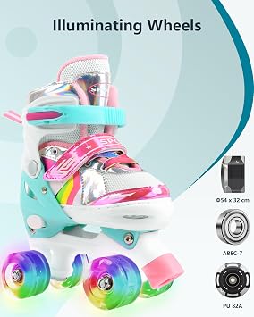 Adjustable Quad Roller Skates Kids, Illuminating Light Up Wheels, With Built In Adjusters Kids Roller Boots for Boys and Girls