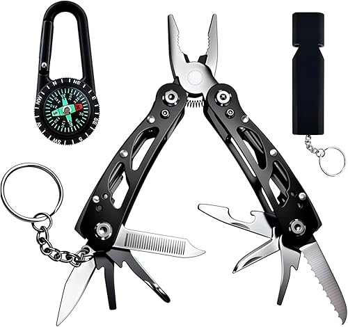 Multiherramienta portátil pequeña, brújula y silbato, herramienta de supervivencia ligera con alicates de bolsillo y cuchillo para senderismo,