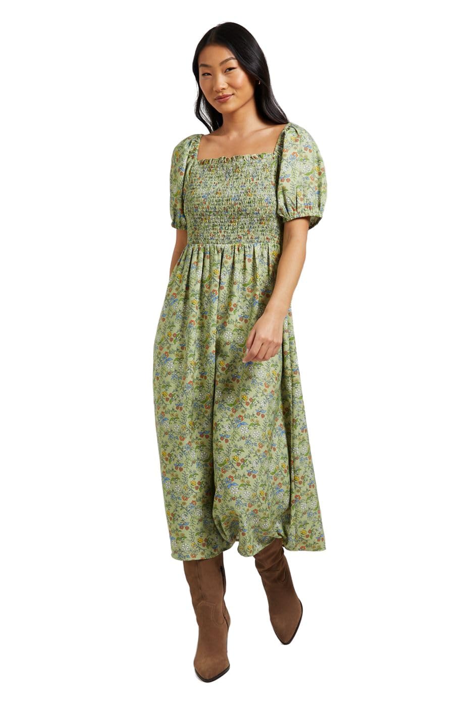 Dorothy Perkins Women's Green Petite Ditsy Shirred Bodice Puff Sleeve Midi Dress, 12,