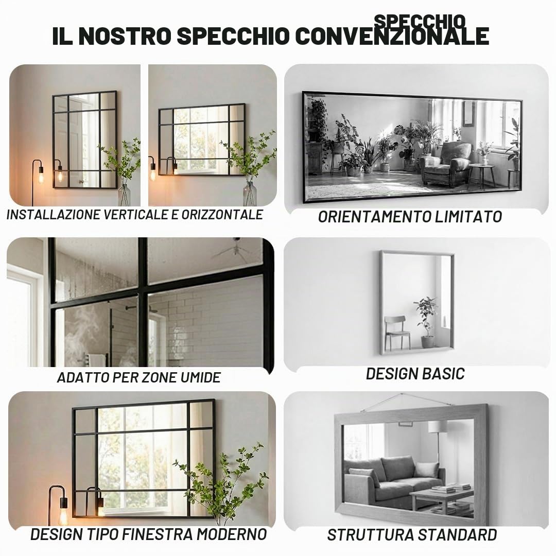 Marctani Specchio per finestra da parete 90 x 60 cm - Specchio industriale decorativo con cornice in metallo - Design rettangolare effetto finestra per ingresso, ingresso e soggiorno