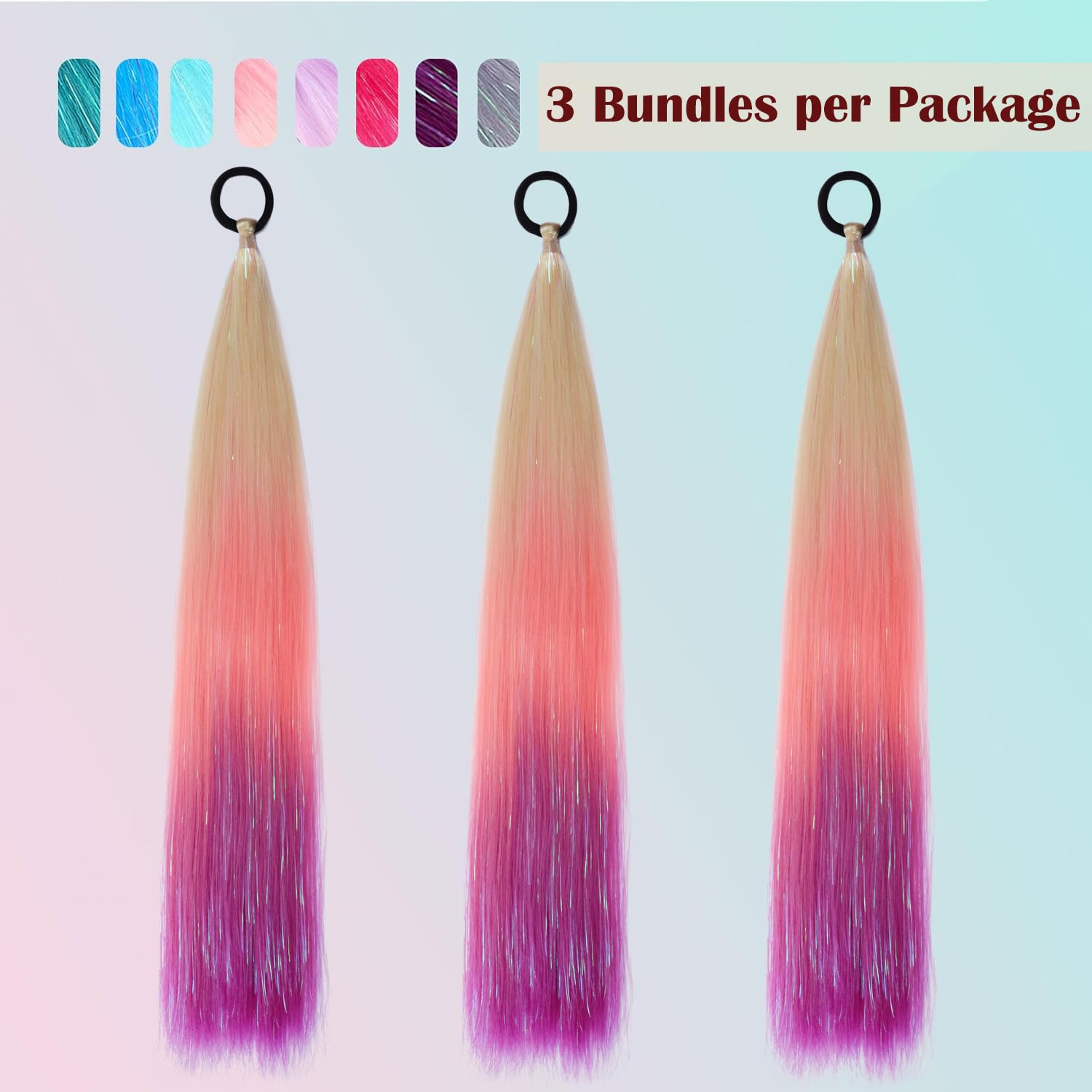 PORSMEER 3 Pcs Rainbow Hair Extensions With Elastic Tie,3 Tone Mermaid Hair for Braiding Crochet,Synthetic Braided Ponytail Extension for Women,Glitter Hair for Festival/Party(Blonde/Pink/Purple) - Image 2