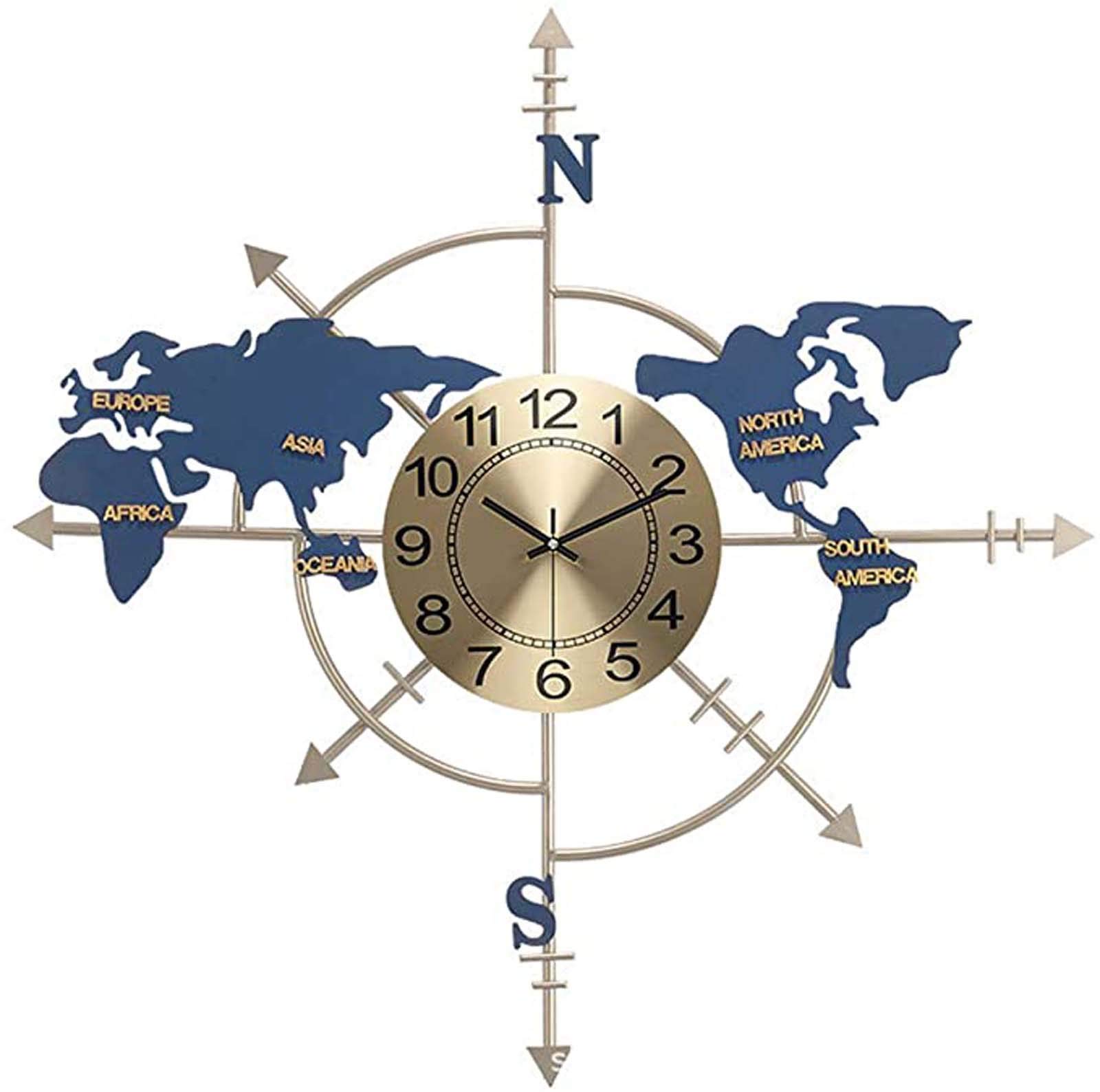 Modern World Map Wall Clocks,Metallic Gold Dial with Circular World Map Decoration