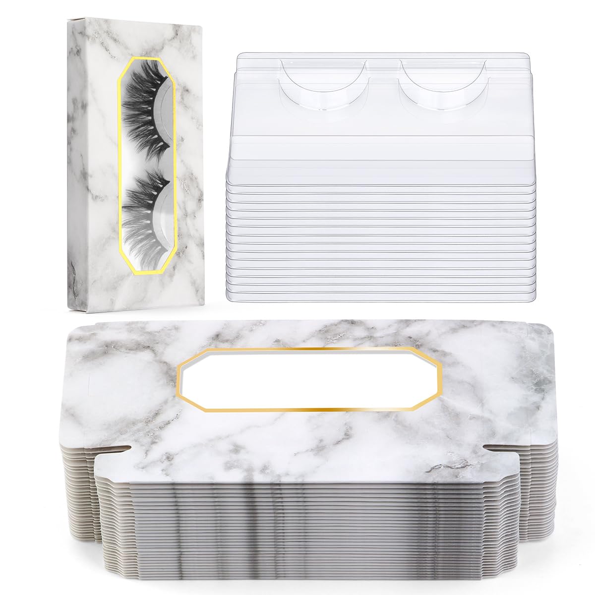 60PCS Empty Eyelash Packaging Box and Tray, 30 False Eyelash Storage Case 30 Transparent Tray， Marble