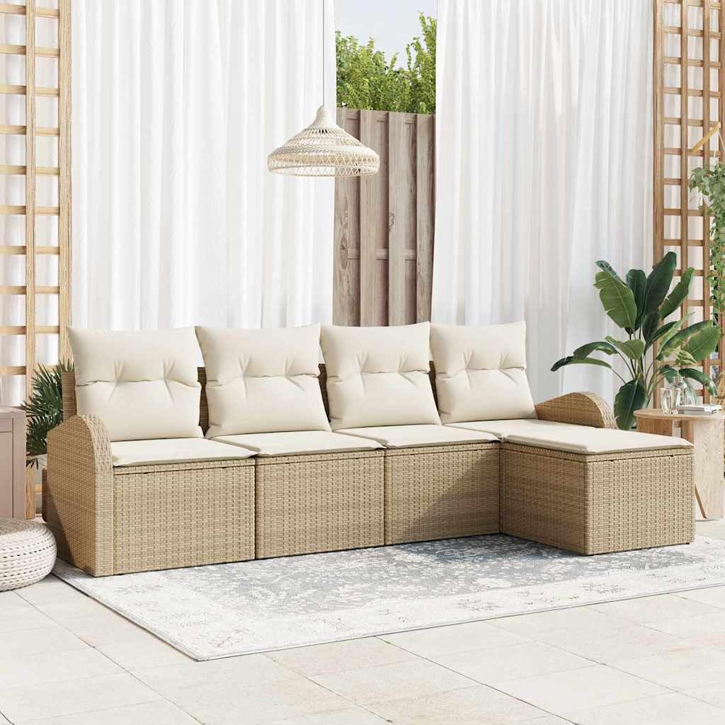 Sofa ogrodowa z poduszkami, 5-częściowy, beżowy i biały, polirattan, modułowa, odporna na promieniowanie UV, odporna na warunki atmosferyczne, na taras, balkon i do użytku na zewnątrz