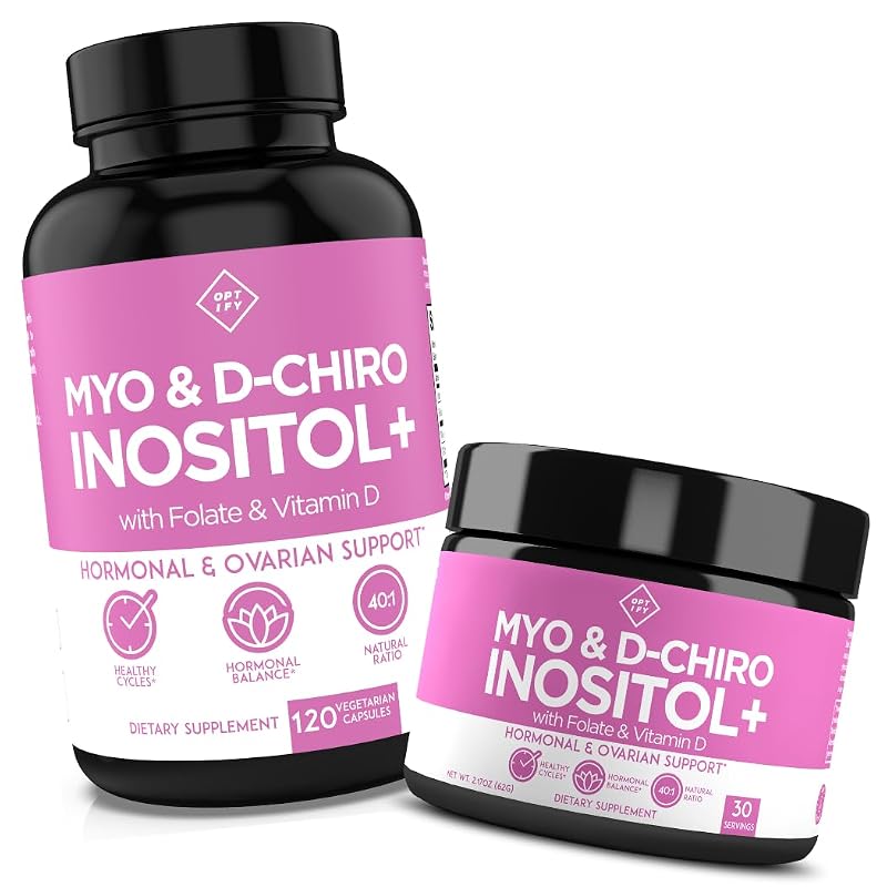 Optify Suplemento de Inositol Myo-Inositol 2000 mg + D-Chiro-Inositol 50 mg, Folato e Vitamina D, cápsulas e pó, 60 dias