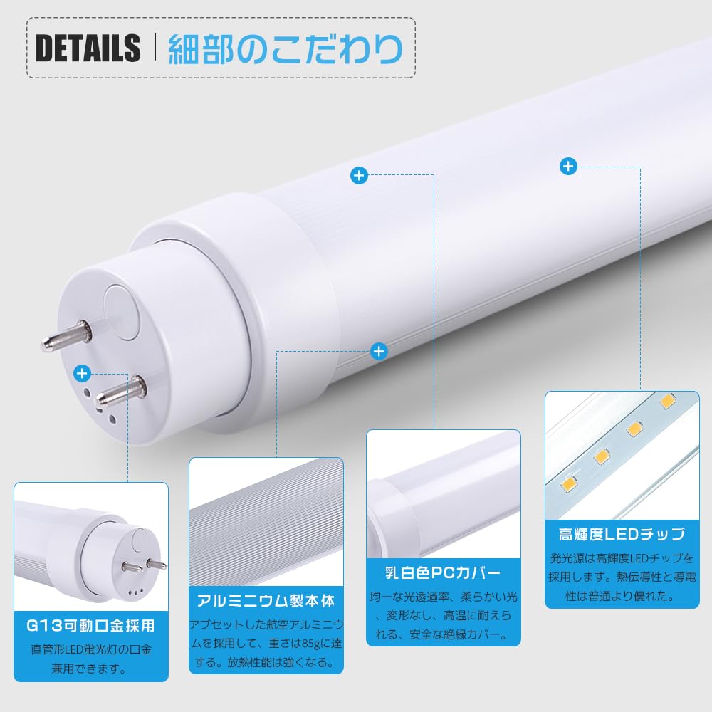 Amazon | 全工事不要 LED蛍光灯 40W形 直管 120cm 昼光色 消費電力20W