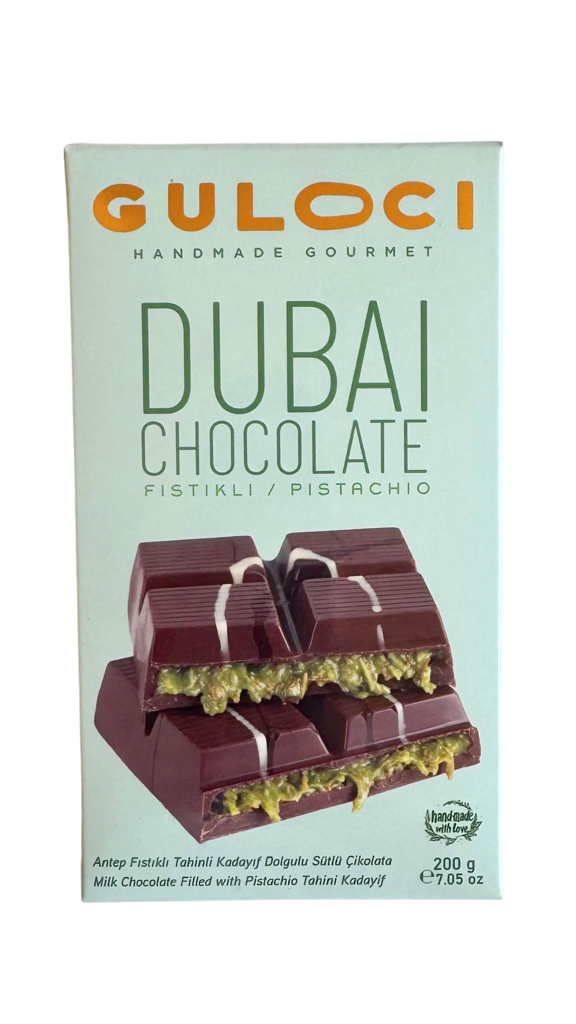 GULOCI Dubai Çikolatası - Antep Fıstıklı Tahinli Kadayıf Dolgulu Sütlü Çikolata - 200 GR