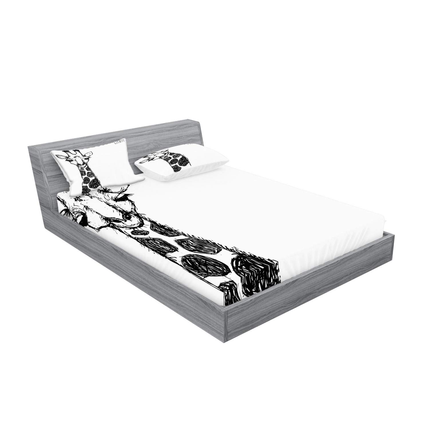 Ambesonne Black and White Fitted Sheet & Pillow Sham Set, Graphic of Safari Giraffe Tall Neck Spots West Wild Character, Decorative Printed 3 Piece Bedding Decor Set, Calking, White and Grey