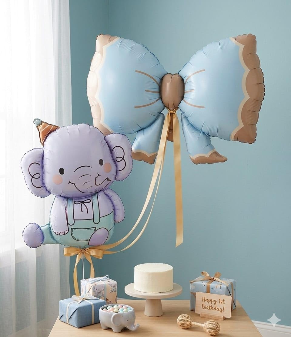 Atpata Funky Baby Elephant & Bow Foil Balloon Set (35” Elephant and 36” Bow) | Cute Cartoon Animal Balloons for Baby Shower, Birthday Decoration | Helium & Air Fill Party Decor Kit (Blue)-image-46