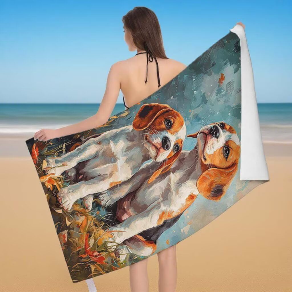 Toalla de Playa Grande 220x100cm/35x70cm, Juego de 2 Toalla Microfibra XXL de Antiarena, Toallas Playa Suave Ligera, Absorbente Secado Rápido, Beach Towel Viaje Yoga, Regalo Mujer Hombre (Perro) B-31