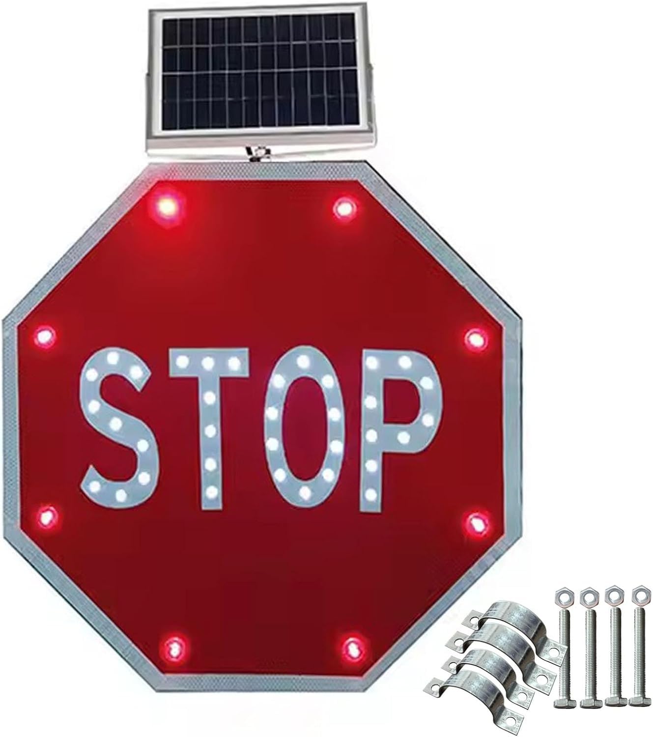 Señal De Alto De 24", Señales De Tráfico Intermitentes De Parada Solar, Marco De Metal Resistente Y Resistente A La Oxidación, Ip65 A Prueba De Agua, Láminas Reflecta, Color, 60cm/24in