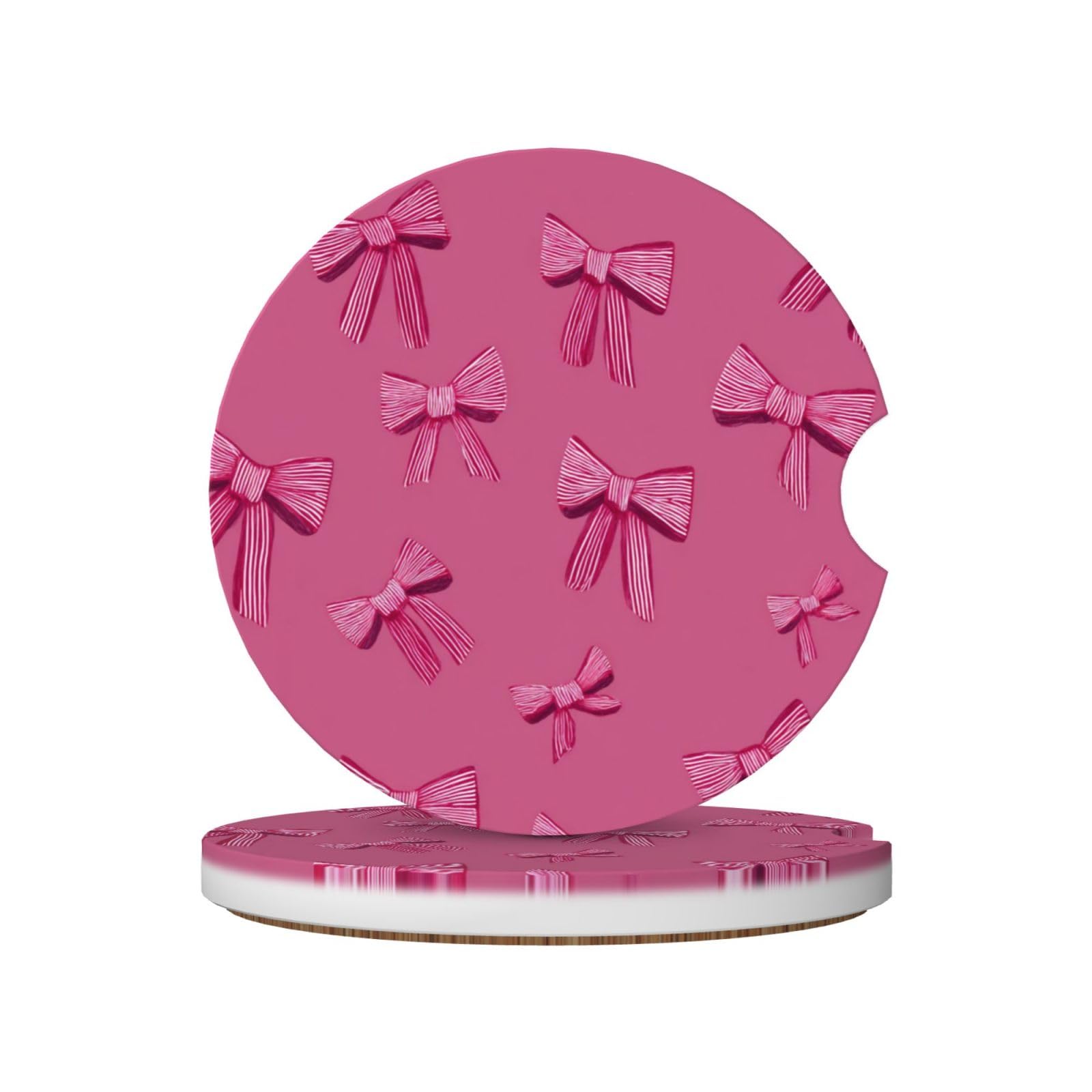 Preppy Pink Bow Pattern Ceramic Coasters,2pcs