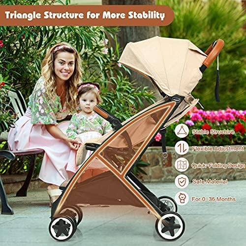 COSTWAY Lightweight Baby Stroller, One-Hand Foldable Infant Pushchair with 5-Point Harness, Adjustable Backrest/Footrest/Canopy, Compact Travel Buggy for 0-3 Years (Beige)