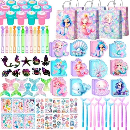 Mermaid Birthday Party Favors Bags Fillers, 108pcs Mermaid Goodie Bags Scratch Painting Bubbles Mini Notebooks Temporary Tattoo etc Mermaid Party Decorations Supplies
