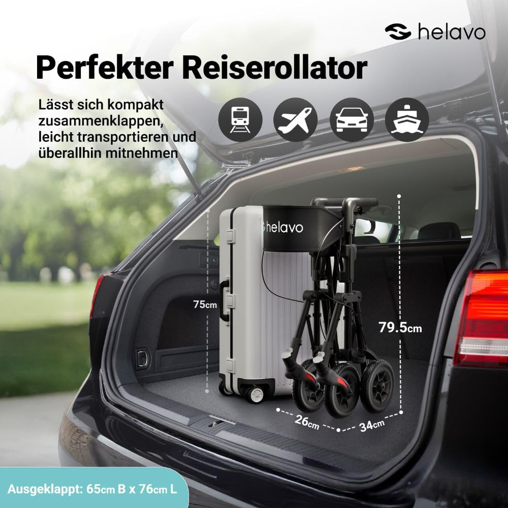 Helavo leichter Reiserollator mit Sitz & platzsparendem Klappmechanismus | Einfacher Transport dank ultrakompakter, doppelter Faltfunktion - Inkl Transportrucksack - Vollständig Aufgebaut - Nur 8,5 kg