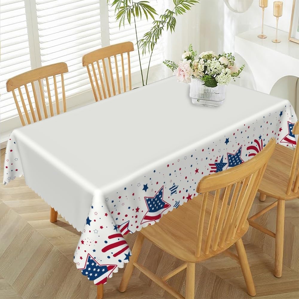 TTQYFNM 70x108inches 4th of July Rectangle Tablecloth Red White and Blue Stars Firework USA Flag Table Cloth Waterproof and Washable Fabric Table