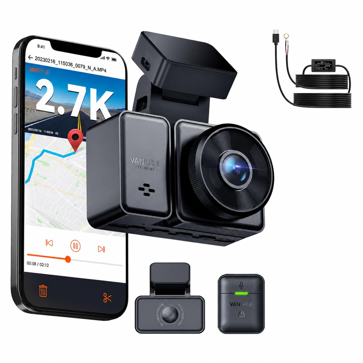 VANTRUE E2 2.7K+2.7K Dashcam Auto vorne hinten mit USB-C Hardwire Kit und Fernbedienung Sprachbefehle, 5GHz WiFi GPS, Dash cam Dual WDR Nachtsicht Puffer Parkmodus Auto Kamera