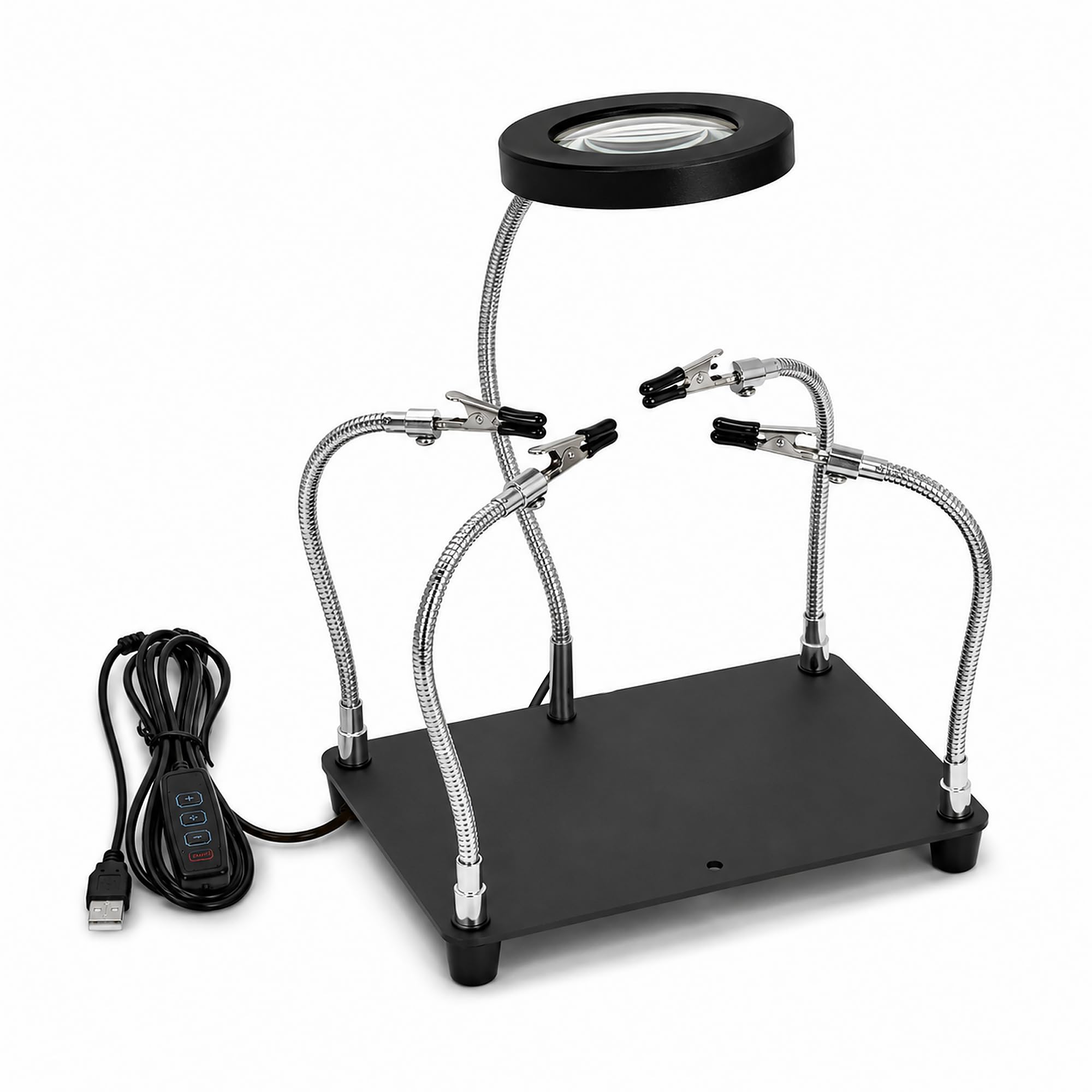 Kaisiking Helping Hands - Stazione di saldatura con lente d'ingrandimento 5X e 3 modalità di colore LED ad anello, 4 bracci flessibili, base in metallo pesante, supporto PCB per riparazioni