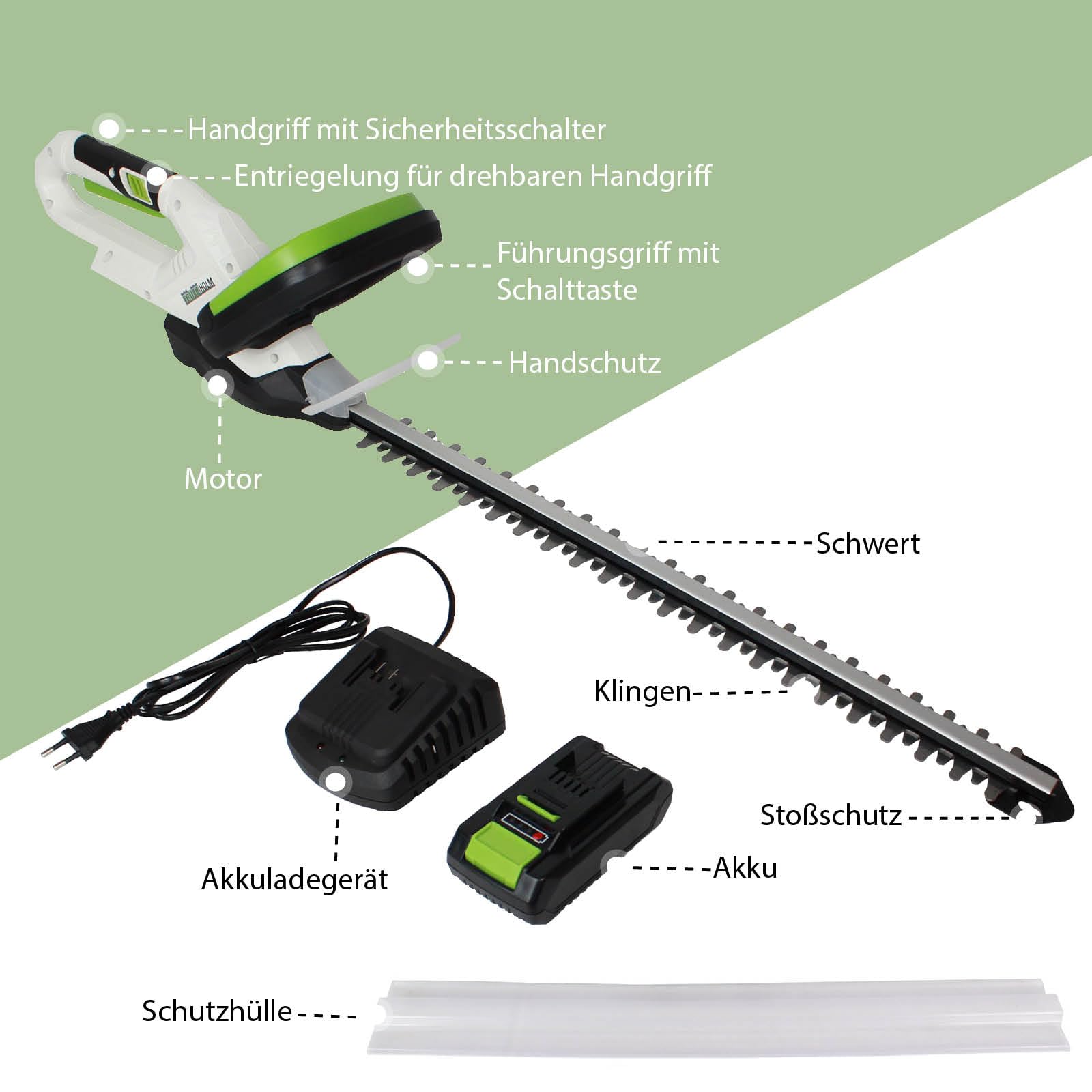 TRUTZHOLM Akku Heckenschere 20V/2,0Ah mit Akku und Schnellladegerät, 52cm Schnittlänge, 65mm Schnittbreite, 10mm Aststärke, drehbarer Griff 180°, Messeranstoßschutz, 40min Laufzeit, 2,5kg leicht