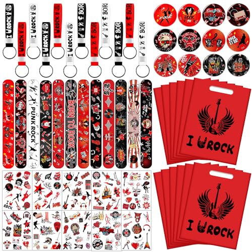 110 recuerdos de fiesta de rock and roll, suministros de estrella de rock, decoraciones que incluyen 50 calcomanías, 12 llaveros, 12 insignias, 12 pulseras, 12 bolsas, 12 hojas de tatuajes