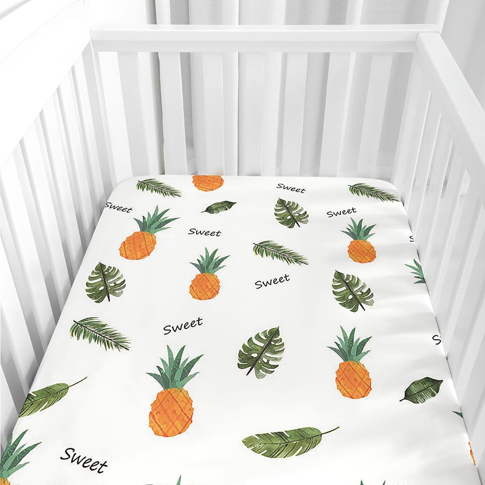Hiseng Microfiber Crib Sheets, Cot Bed Sheets with Cartoon Pattern Cot Fitted Sheets Bassinet Mattress, Soft and Comfortable Toddler Bed Sheets for Boys, Girls (Pineapple,55x90cm)