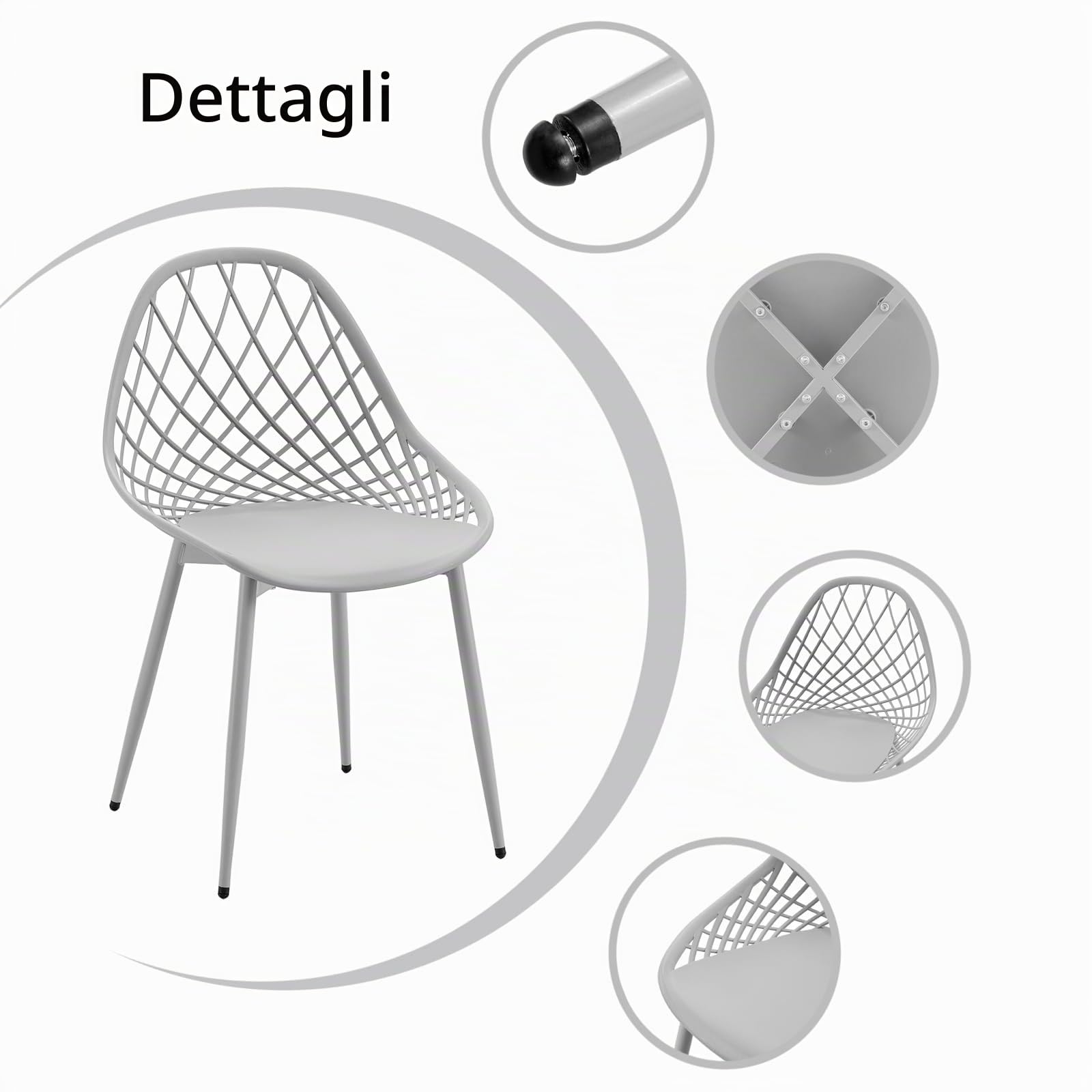buybyroom Set di 6 sedie da pranzo in plastica, con piedi in metallo, per cucina, soggiorno, fino a 120 kg, grigio