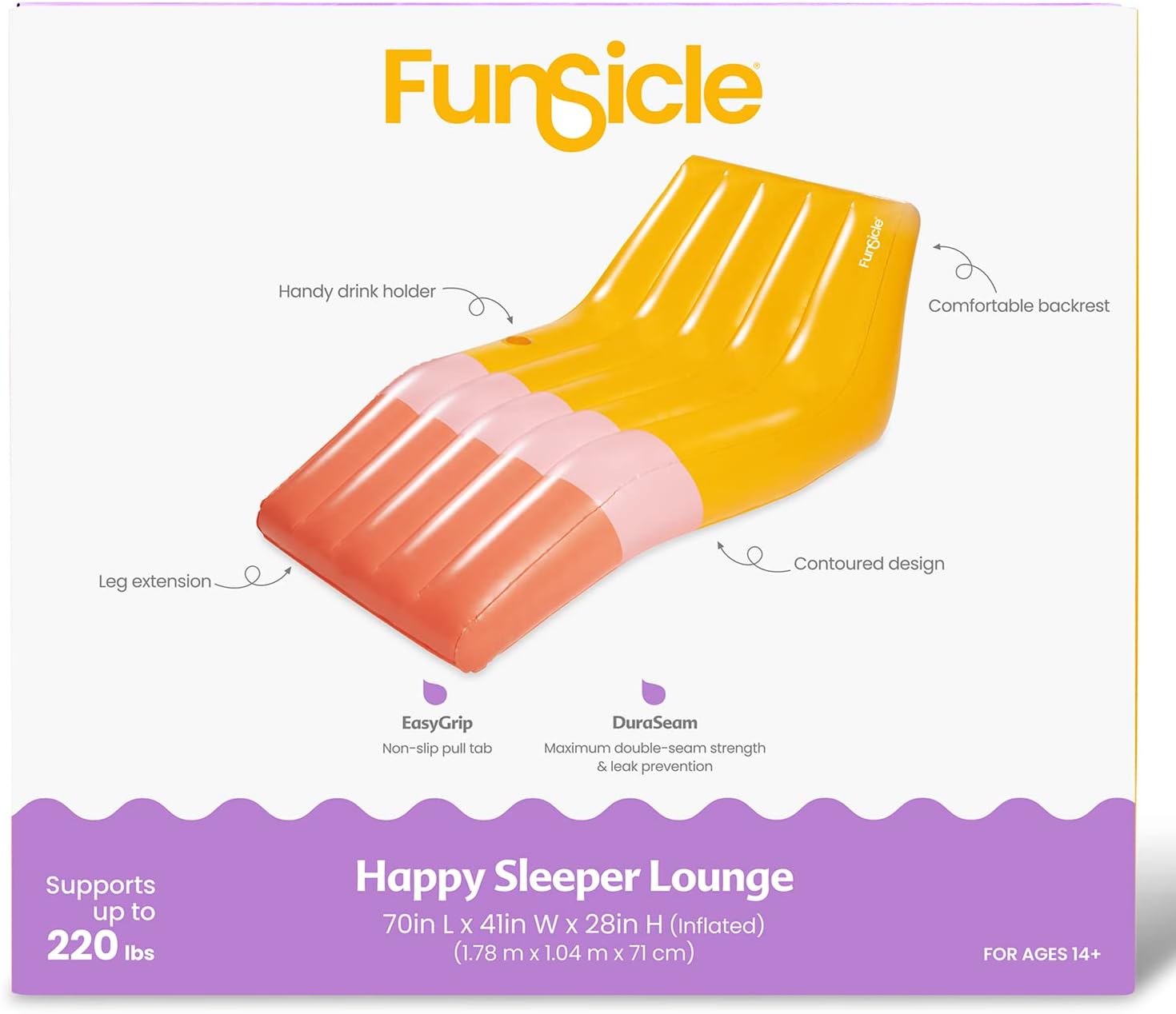 Funsicle 5.8 ft Happy Sleeper Inflatable Floating Lounge with Cup Holder