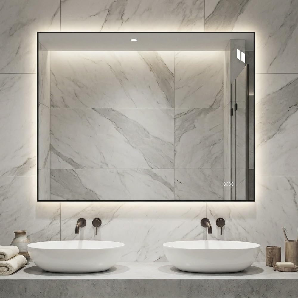 Espejo de baño LED 70 x 90 cm con marco de aluminio, retroiluminado, antivaho, 3 temperaturas de color, intensidad regulable en continuo, función de memoria, cristal plateado sin cobre, 5 mm