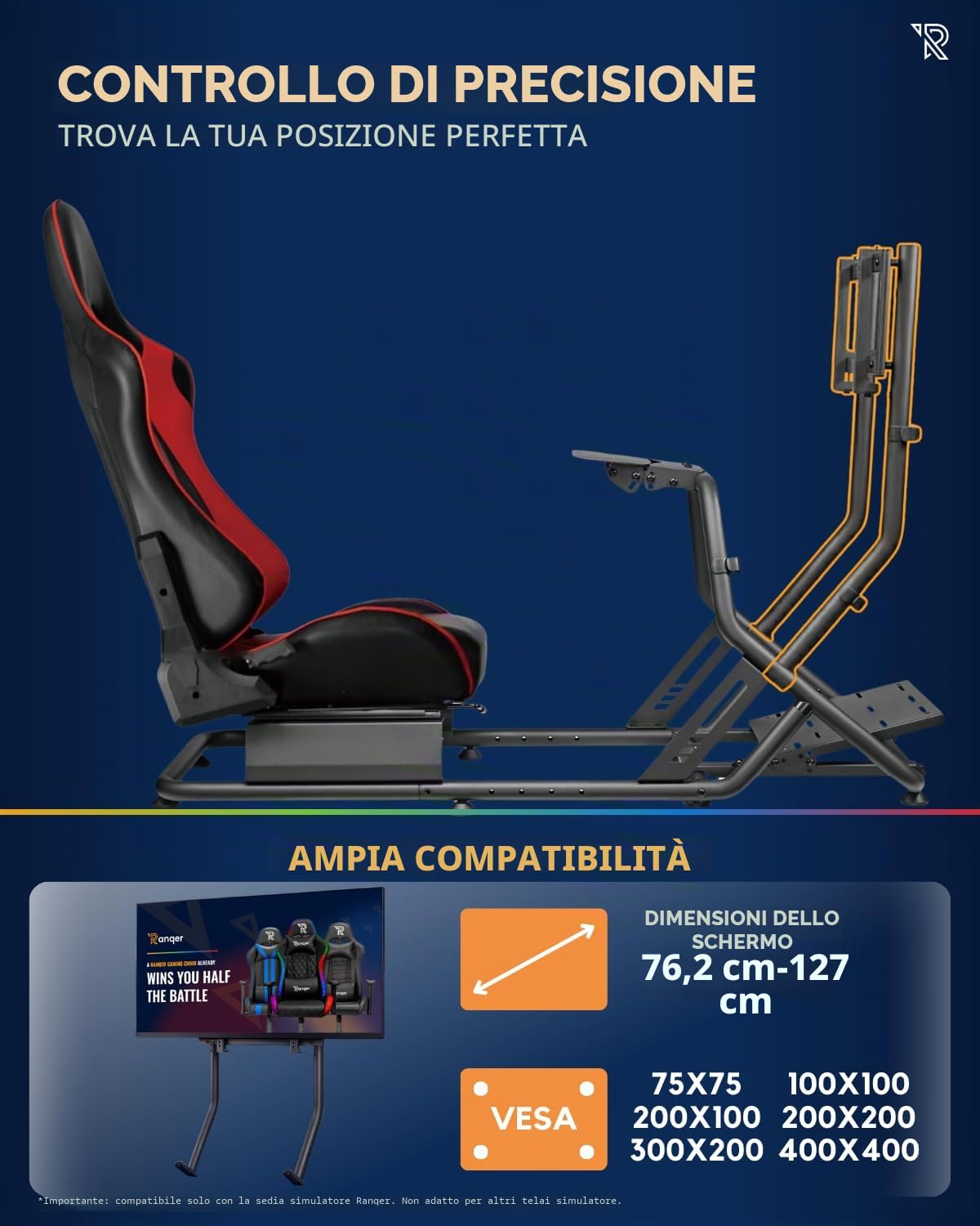 Supporto Monitor Per Simulatore Di Guida, Compatibile Con Sedie Da Corsa Ranqer, Regolabile 10°, Per TV 32-50'', Metallo Nero Con Rivestimento Antigraffio E Viti Incluse