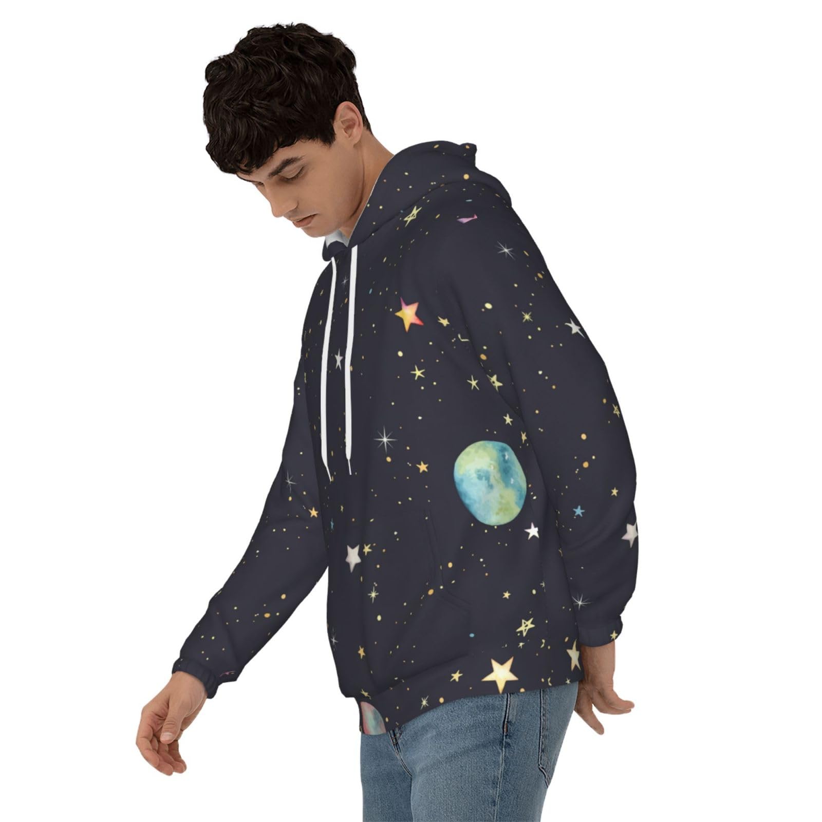 Męska bluza z kapturem z nadrukiem Galaxy, casualowa grafika z nadrukiem bluzy z kapturem z kieszenią