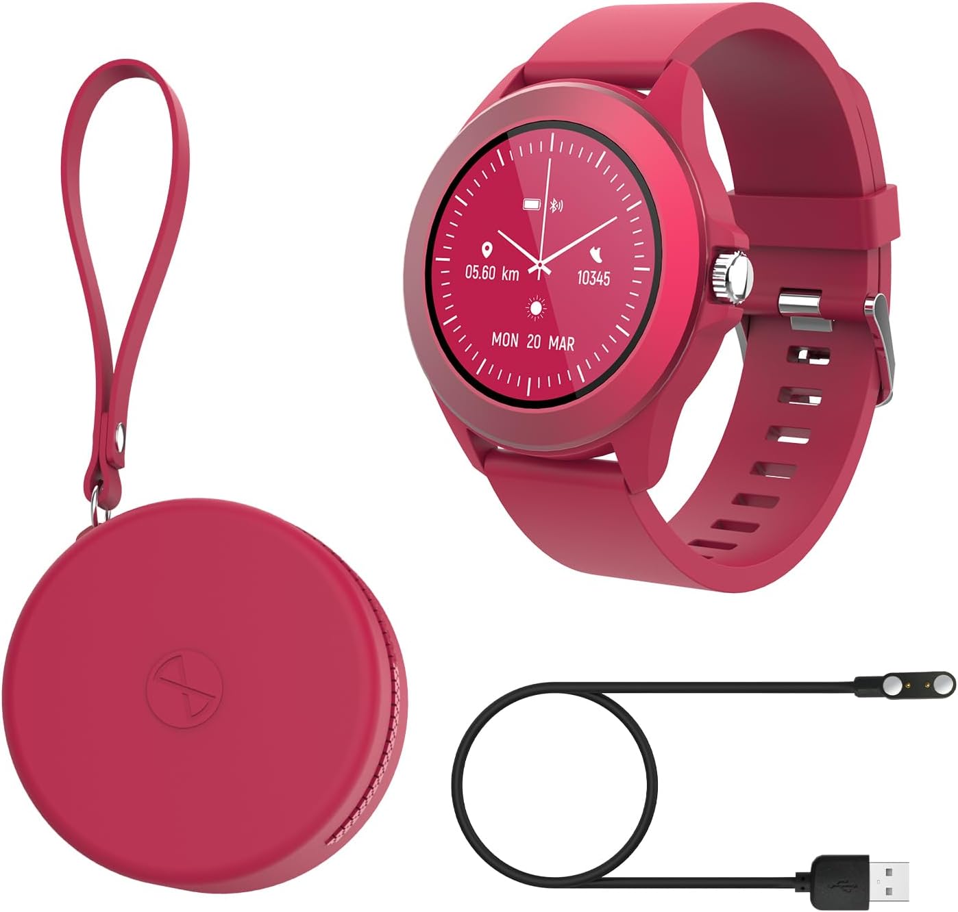 FOREVER Colorum CW-300 Smartwatch, charging cable, and protective case.