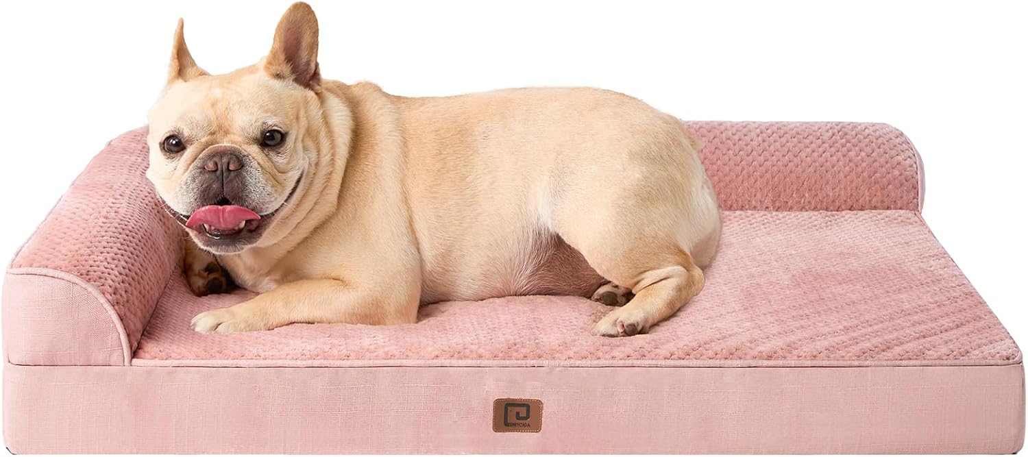 eheyciga memory foam dog beds for medium dogs, orthopedic medium dog beds, waterproof egg crate dog couch bed with washable removable cover and non-slip bottom, l shaped dog bed, dusty pink 30.0"l x 20.0"w x 6"th dusty pink