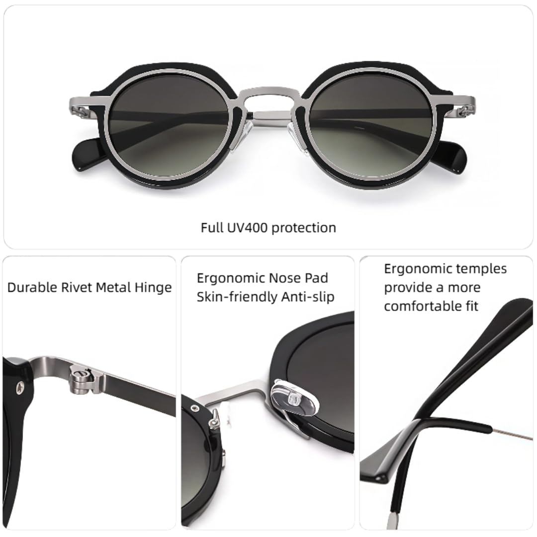 Gafas de sol redondas de estilo vintage punk con montura de acetato y metal de lujo