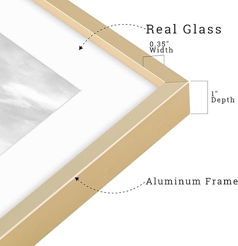 Vista 127 de Frametory - Colección de marcos de metal para fotos, marco de aluminio para fotos con alfombrilla de color marfil y cristal real Dorado