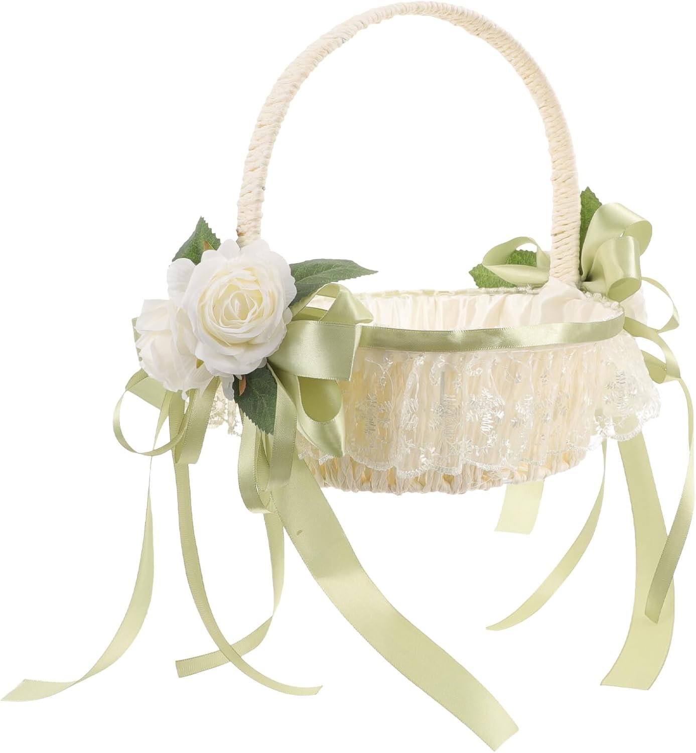 ULTECHNOVO White Simulated Rose Flower Girl Basket with Bowknot Portable Wedding Petal Basket for Flower for Ceremony and Party Decor