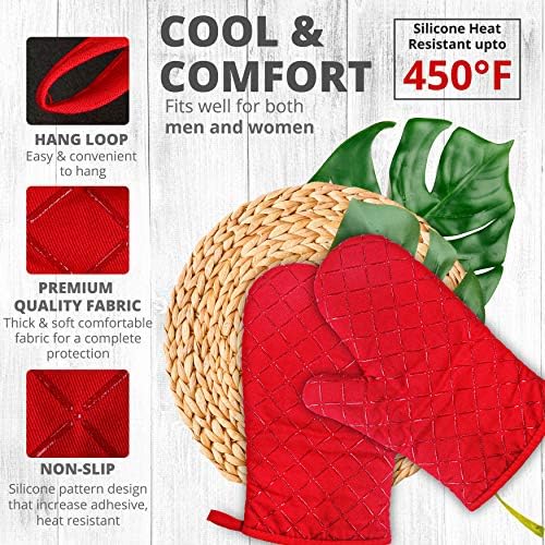 Oven Gloves Heat Resistant - Non Slip Silicone Oven Mitts for Grilling/Cooking/Baking/Barbecue - Silicone Oven Gloves 1 Pair, Red Christmas Oven Gloves