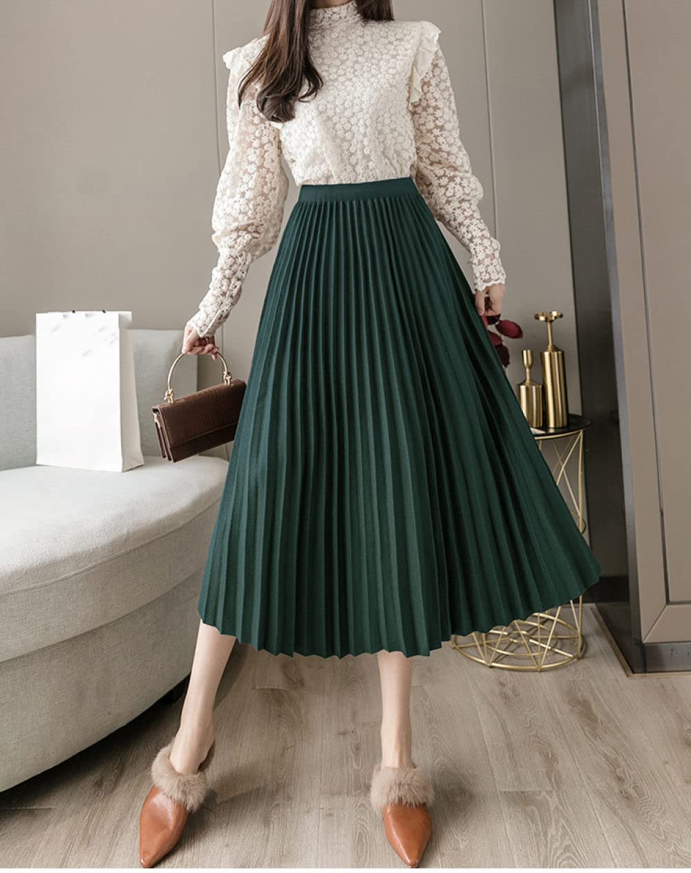 Faldas para Mujer Reino Unido,Verde Faldas Plisadas De Color Sólido para Mujer Cintura Elástica Falda Midi Cálida De Invierno Falda De Talle Alto Elegante Falda(XL)