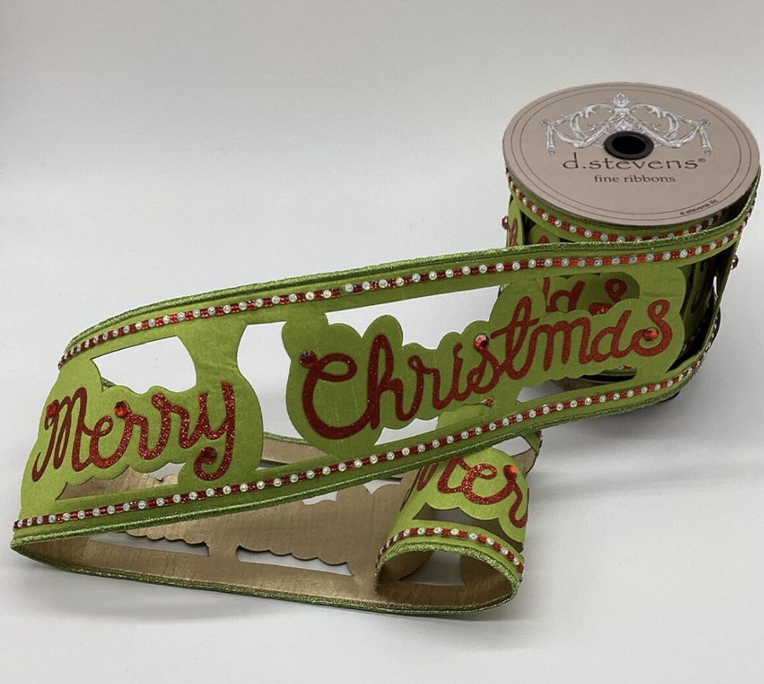 D Stevens Merry Christmas Glitter Cut Out Ribbon, 4 Inch Wide, Lime Green and Red, 5 Yards, Wired Edge
